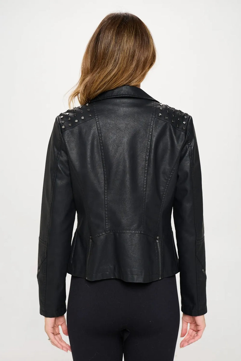 Black faux leather motorcycle jacket with silver studs, classic design, from Trendsi's Coalition LA Studded Moto collection.
