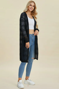 Black Trendsi Double Take open front longline cardigan displayed hanging with a relaxed fit and full-length design.
