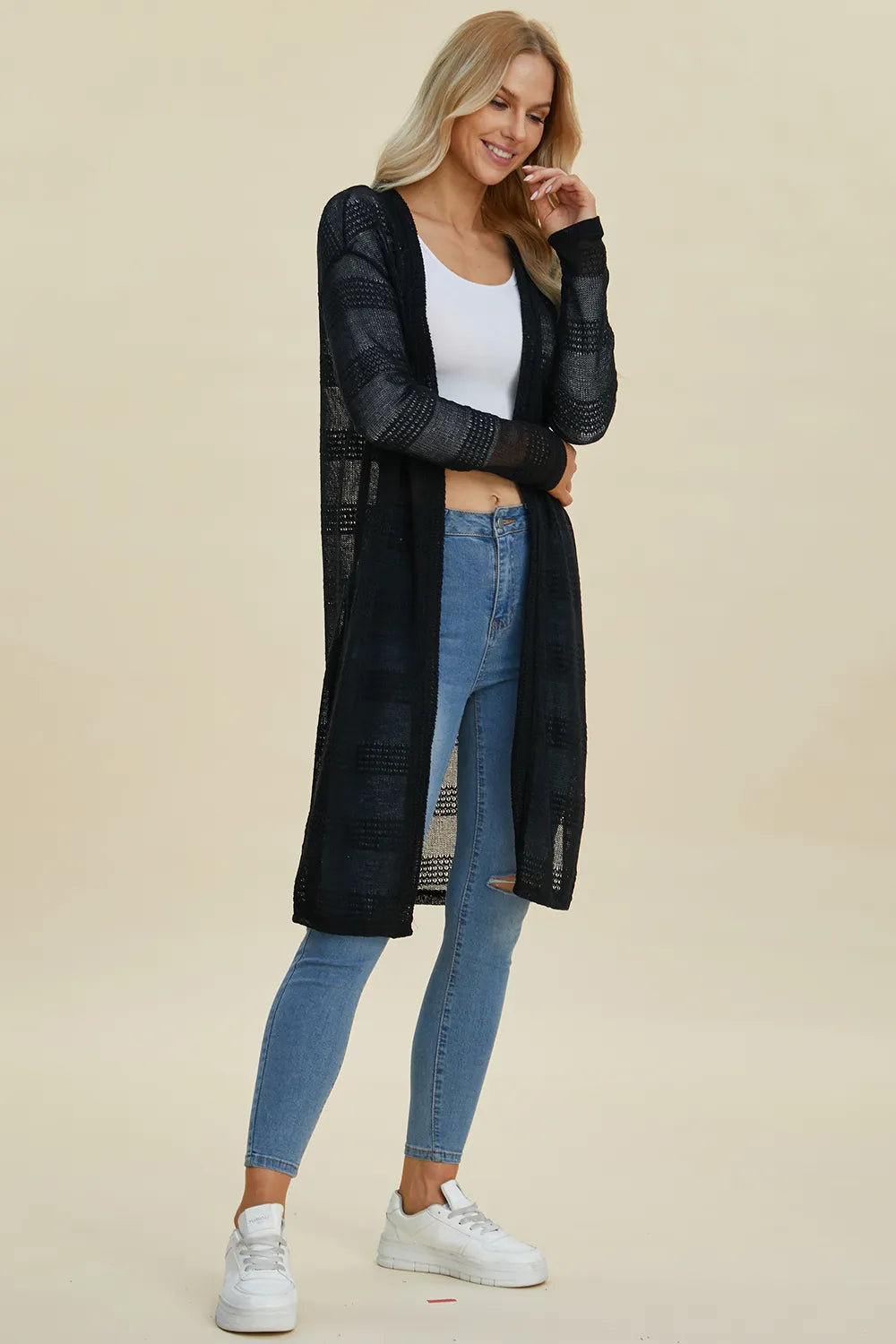 Black open front longline cardigan by Trendsi, featuring a double take design, full size, and relaxed fit.