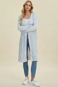 Black Trendsi Double Take full-size open front longline cardigan displayed on a model, showcasing its relaxed fit and draped design.