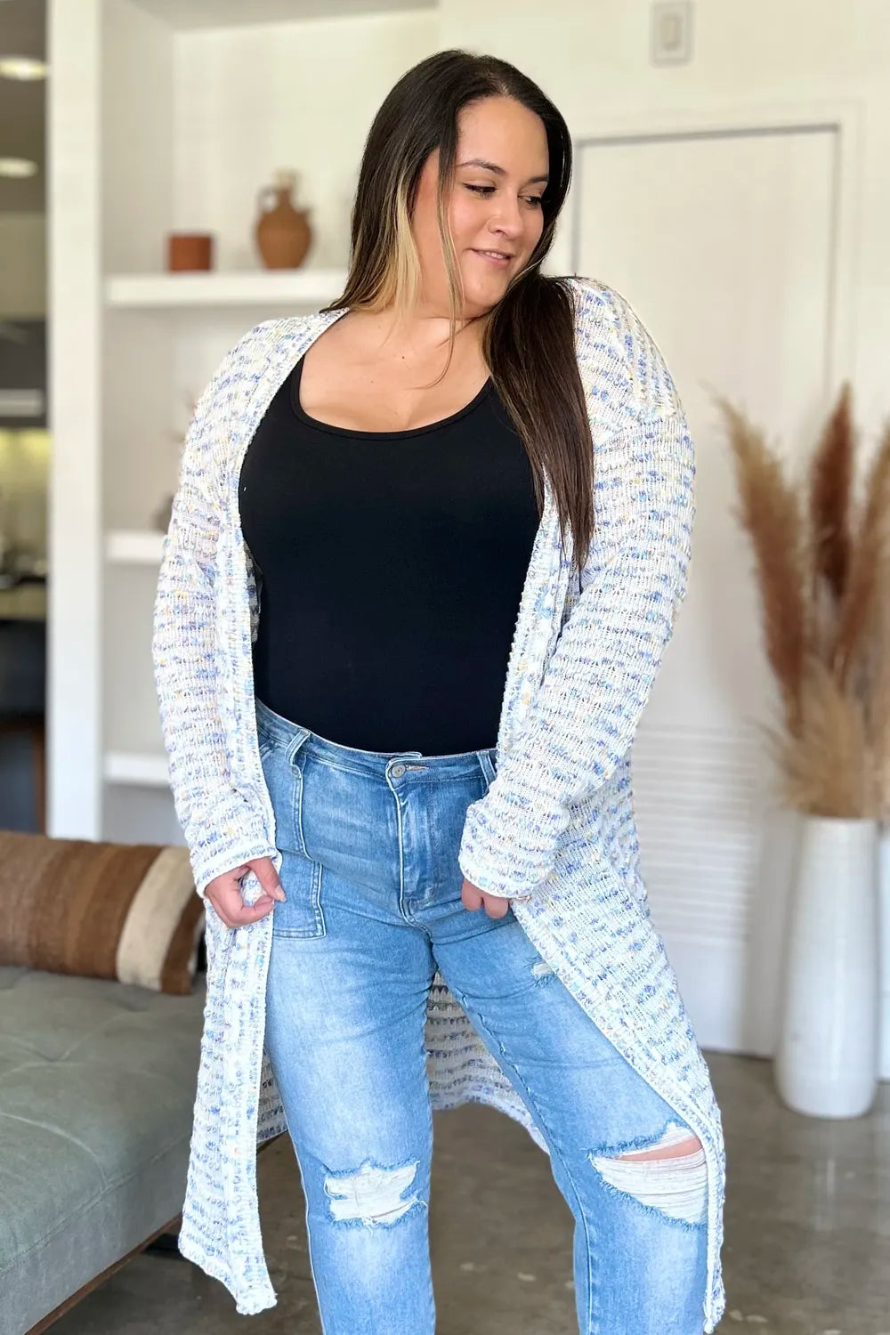 Black open front longline cardigan from Trendsi, double take full size, cozy knit, draped style, versatile for casual or layered looks.