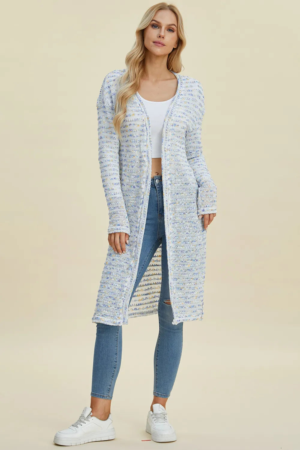 Black Trendsi Double Take open front longline cardigan, full-size, with a relaxed fit and long sleeves, styled on a mannequin.