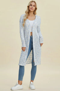 Black Trendsi Double Take open front longline cardigan, full-size, with a relaxed fit and long sleeves, styled on a mannequin.