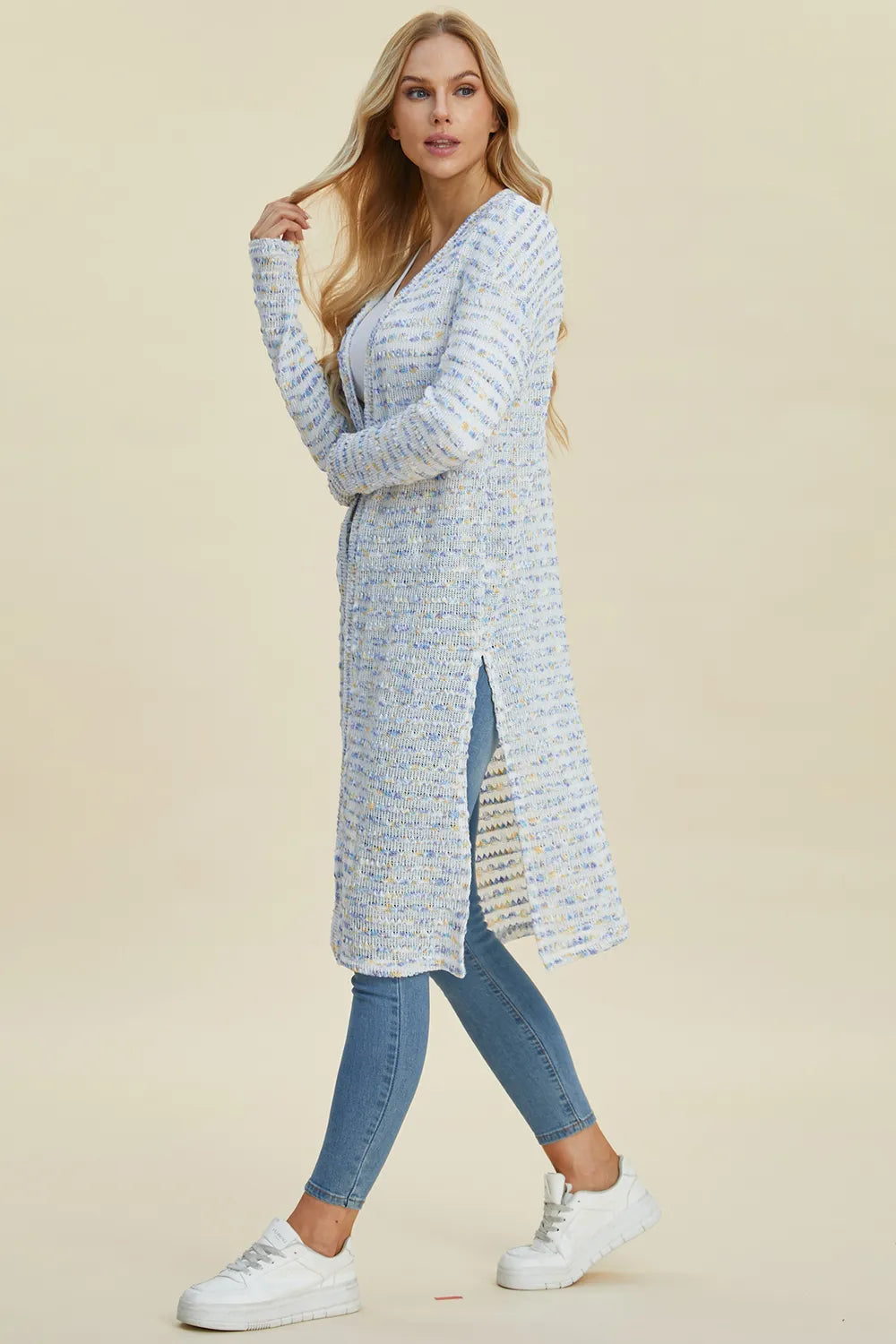 Black double take open front longline cardigan by Trendsi, featuring a full-size, relaxed fit and lightweight knit fabric.