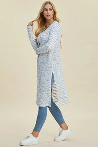 Black double take open front longline cardigan by Trendsi, featuring a full-size, relaxed fit and lightweight knit fabric.