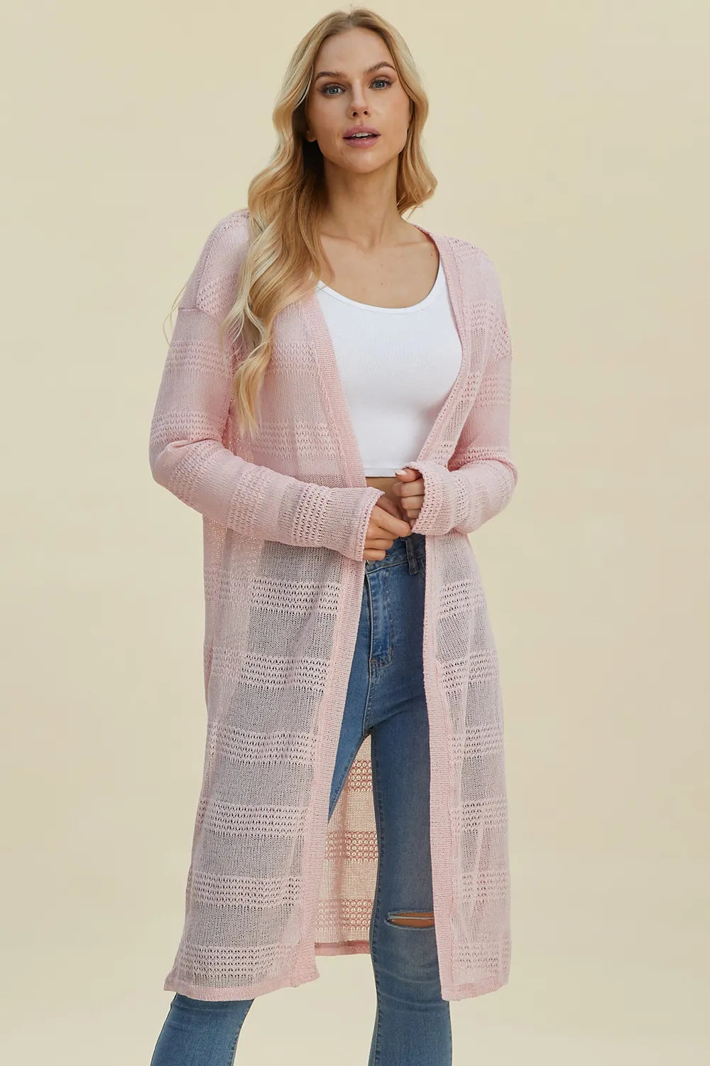 Black open-front longline cardigan with double take design, full size, by Trendsi, styled with a relaxed fit and cozy knit fabric.