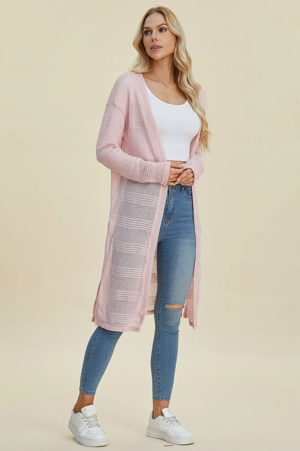 Black Trendsi Double Take full-size open-front longline cardigan displayed flat, showcasing its relaxed fit and long sleeves.
