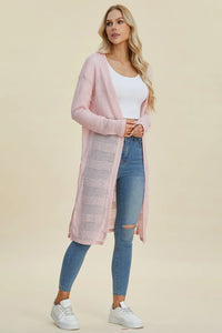 Black Trendsi Double Take full-size open-front longline cardigan displayed flat, showcasing its relaxed fit and long sleeves.