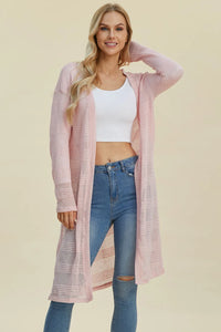 Black Trendsi Double Take open front longline cardigan, full size, featuring a relaxed fit and long sleeves.