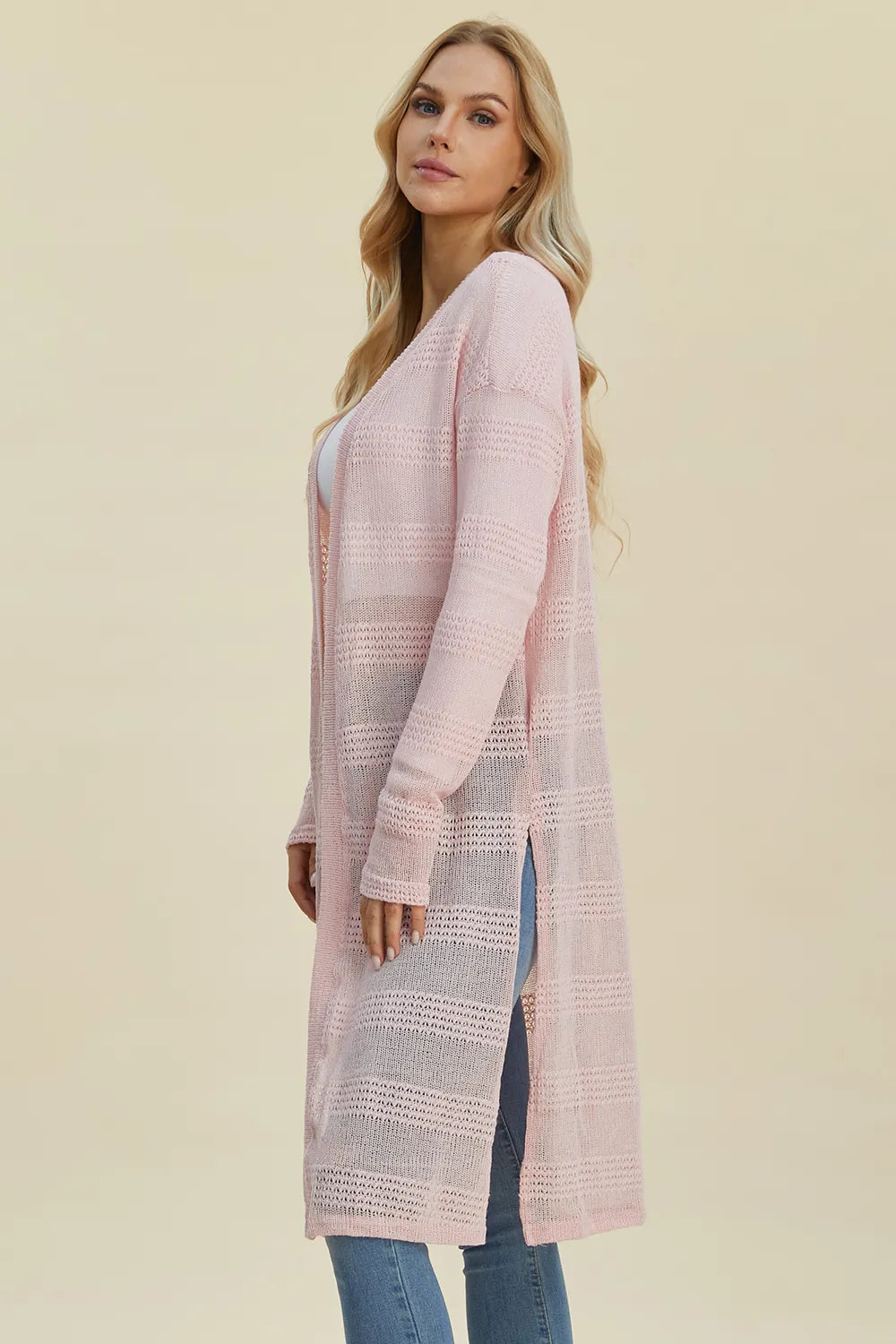 Black Trendsi Double Take open front longline cardigan, full size, showing its relaxed fit and open-front design.