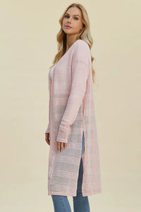 Black Trendsi Double Take open front longline cardigan, full size, showing its relaxed fit and open-front design.