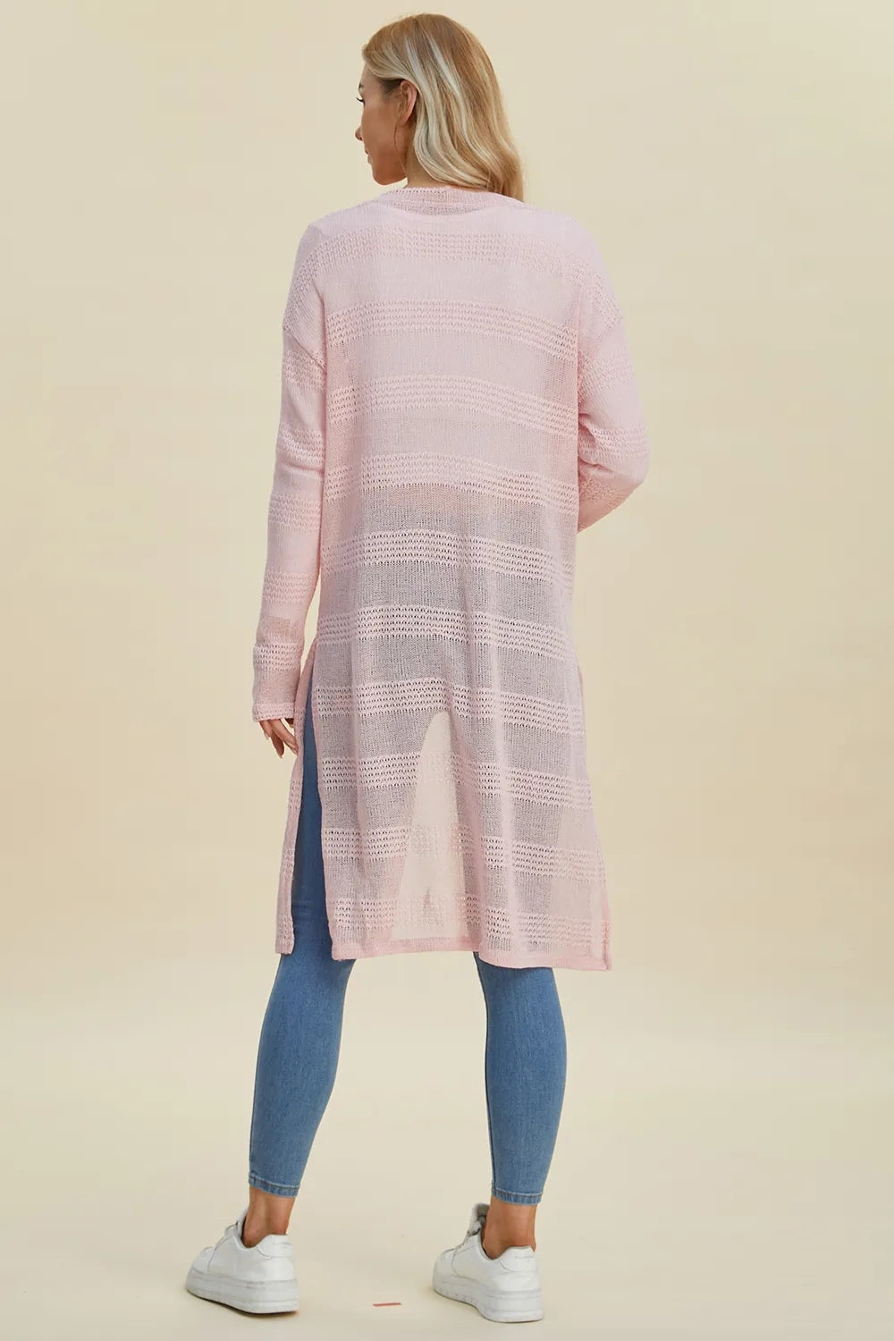 Black Trendsi Double Take full size open front longline cardigan displayed on a model, showcasing its relaxed fit and longline design.