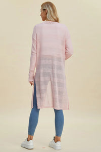 Black Trendsi Double Take full size open front longline cardigan displayed on a model, showcasing its relaxed fit and longline design.