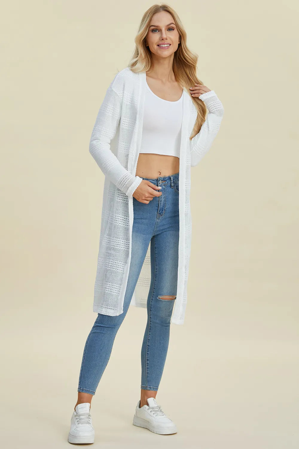 Black open front longline cardigan by Trendsi, featuring a double take full-size design and relaxed fit.