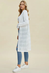 Black double take full-size open front longline cardigan by Trendsi, showing a cozy, flowy knitted design with long sleeves.