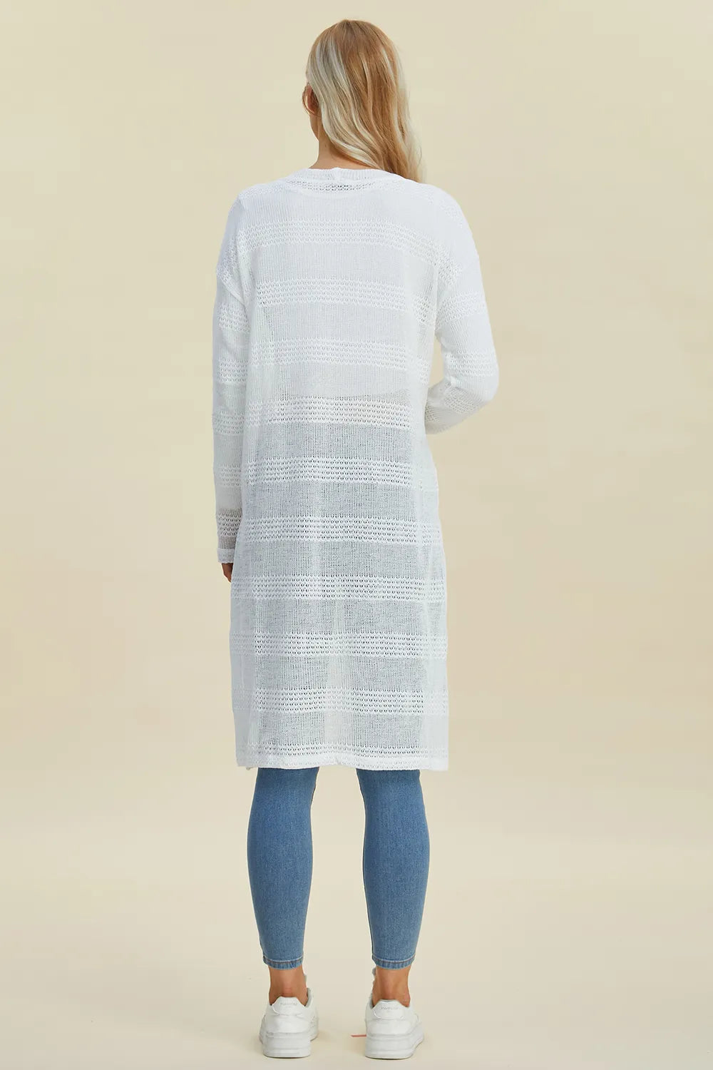 Black Trendsi Double Take open front longline cardigan, full size, lightweight knit, relaxed fit, and versatile style.