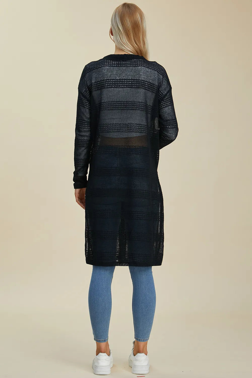 Black Trendsi Double Take full-size open front longline cardigan displayed on a model with a relaxed fit and long sleeves.