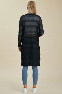 Black Trendsi Double Take full-size open front longline cardigan displayed on a model with a relaxed fit and long sleeves.