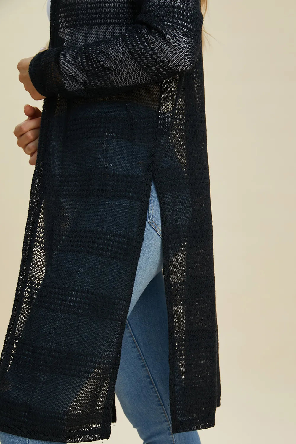 Black open-front longline cardigan from Trendsi, double take full size style with a relaxed fit and versatile design.