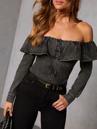 Off-shoulder ruffled denim top by Trendsi, featuring a fitted style with layered ruffles and long sleeves.