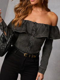 Off-shoulder ruffled denim top by Trendsi featuring a stylish off-shoulder neckline and layered ruffles for a trendy look.