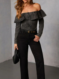Off-shoulder ruffled denim top from Trendsi featuring a fitted bodice and playful ruffle details.