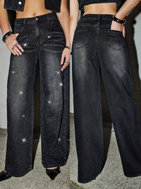Rhinestone embellished wide-leg jeans from Trendsi featuring sparkling rhinestones on denim fabric.