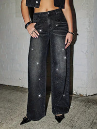 Wide leg jeans with rhinestone embellishments by Trendsi, featuring a stylish fit and sparkling details on denim.