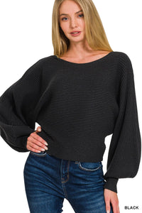 Zenana boat neck balloon sleeve sweater featuring a relaxed fit and soft knit fabric in a stylish design.