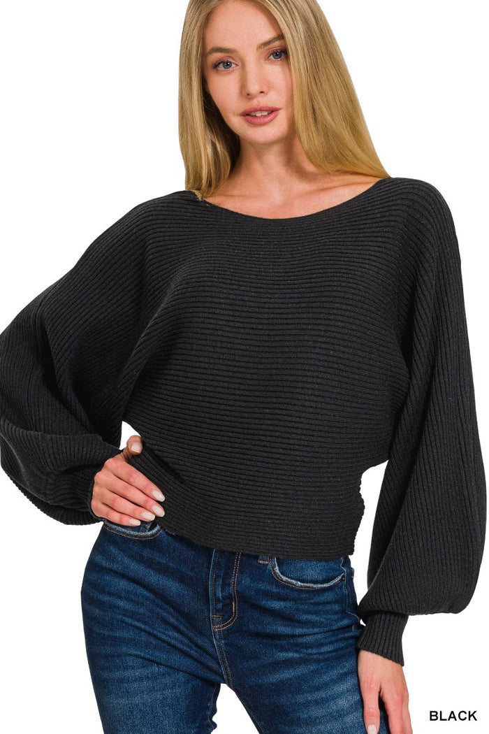 Zenana boat neck balloon sleeve sweater featuring a relaxed fit and soft knit fabric in a stylish design.