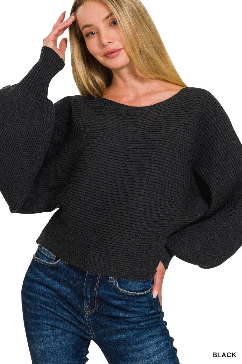 Zenana boat neck balloon sleeve sweater in soft knit fabric, featuring a relaxed fit and stylish design.