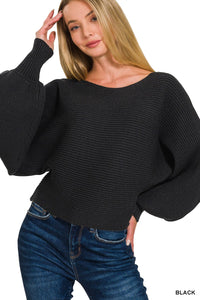 Zenana boat neck balloon sleeve sweater in soft knit fabric, featuring a relaxed fit and stylish design.