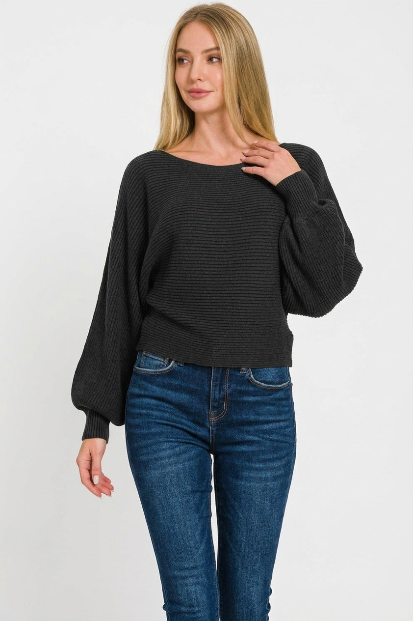 Zenana boat neck balloon sleeve sweater, soft knit with relaxed fit and stylish design, shown in a cozy, casual setting.