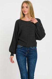 Zenana boat neck balloon sleeve sweater, soft knit with relaxed fit and stylish design, shown in a cozy, casual setting.