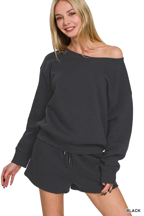 Black Zenana fleece sweatshirt and shorts set featuring a boat neck, casual loungewear from Trendsi.