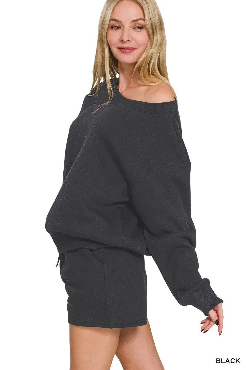 Zenana fleece boat neck sweatshirt and shorts set, soft and cozy loungewear in a relaxed fit, perfect for casual wear.