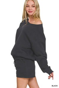 Zenana fleece boat neck sweatshirt and shorts set, soft and cozy loungewear in a relaxed fit, perfect for casual wear.