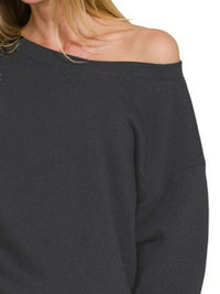 Zenana fleece boat neck sweatshirt and shorts set, soft and cozy casual loungewear in a relaxed fit, shown in navy color.