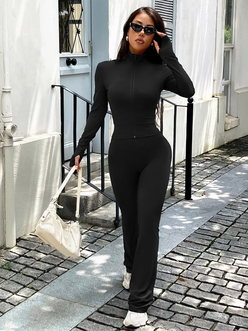 Trendsi zip-up long sleeve active outerwear and matching pants set, comfortable athletic clothing for casual or workout wear.