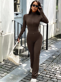 Trendsi zip-up long sleeve active outerwear and pants set, stylish athletic wear for workouts or casual wear, black color.