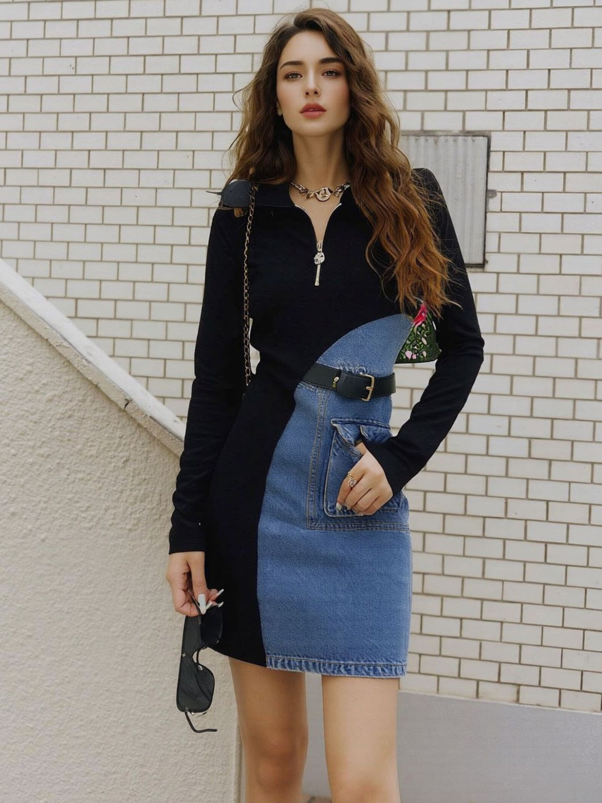 Plus size color block denim patchwork mini dress by Trendsi, featuring a full size fit with vibrant patchwork details.