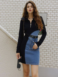 Plus size color block denim patchwork mini dress by Trendsi, featuring a full size fit with vibrant patchwork details.
