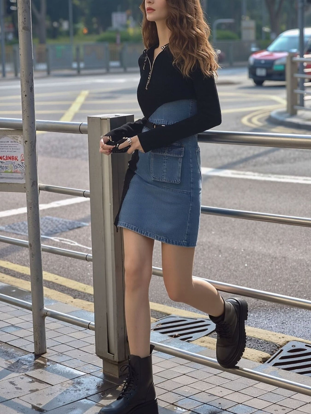 Plus size color block denim patchwork mini dress by Trendsi featuring a full-size, stylish design with vibrant color blocks.