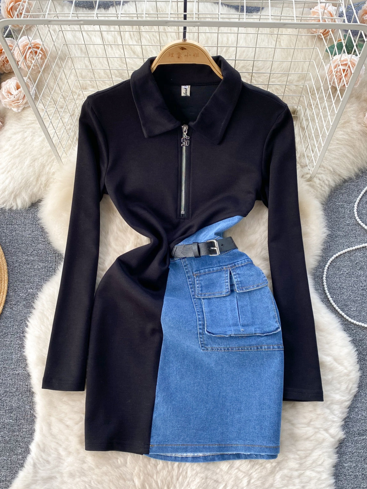 Full size color block denim patchwork mini dress by Trendsi showcasing vibrant, stylish plus size fashion with bold patchwork design.