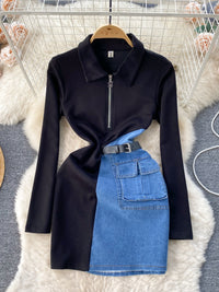 Full size color block denim patchwork mini dress by Trendsi showcasing vibrant, stylish plus size fashion with bold patchwork design.