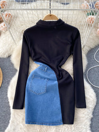 Plus size color block denim patchwork mini dress by Trendsi, featuring a vibrant, stylish design with a full-size fit.