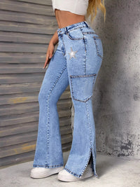 Blue slit star flare leg jeans by Trendsi featuring a high waist, star accents, and wide flare legs.