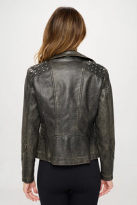 Black faux leather motorcycle jacket with silver studs from Trendsi's Coalition LA Studded Classic Moto collection, featuring a fitted design.
