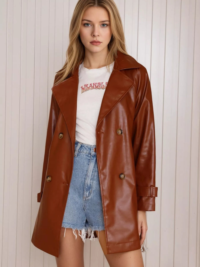 Leather double-breasted jacket from Trendsi, featuring a sleek design, lapel collar, and button closure, displayed on a mannequin.