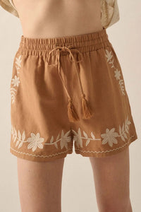 Caramel embroidered boho casual shorts with tasseled drawstring and elastic waist, stylish and comfortable for everyday wear.